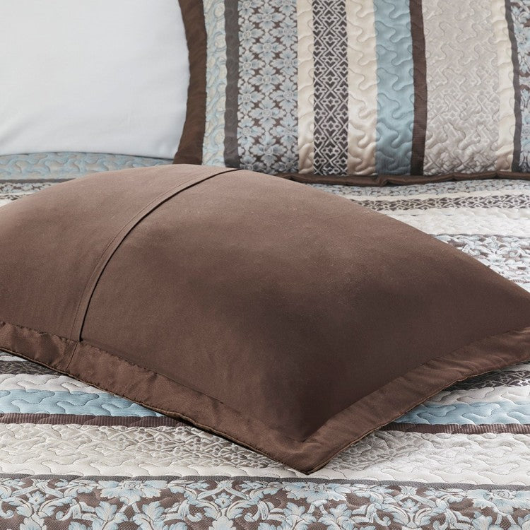 5 Piece Jacquard Quilt Set With Throw Pillows Blue Full Queen