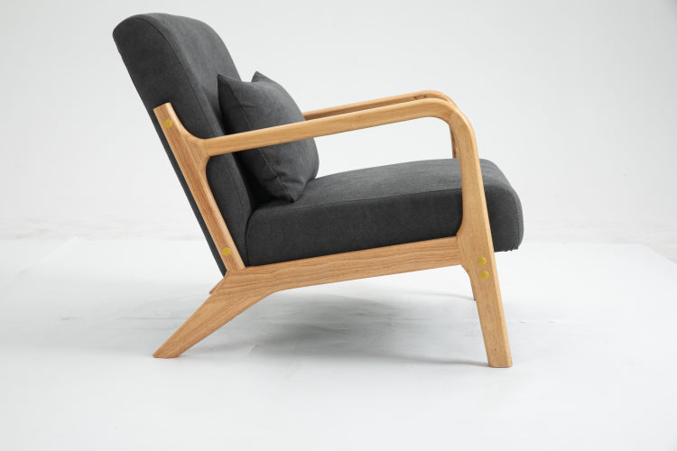 Mid Century Modern Accent Chair With Wood Frame, Upholstered Living Room Chairs With Waist Cushion, Reading Armchair For Bedroom Sunroom