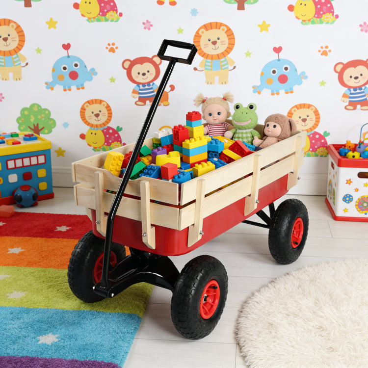 Outdoor Sport Wagon Tools Cart Wooden Side Panels Air Tires Wagon Red