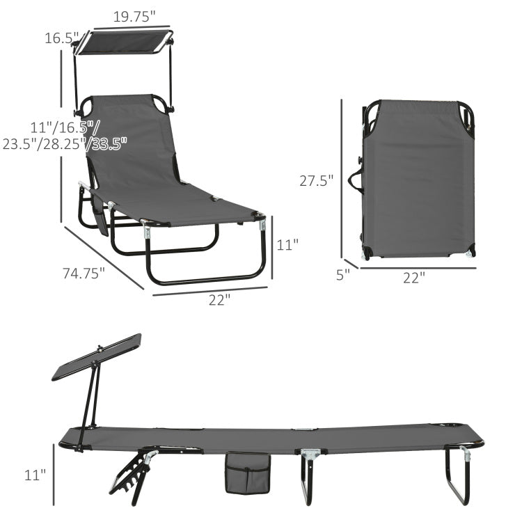 Outsunny Folding Chaise Lounge Pool Chairs, Outdoor Sun Tanning Chairs With Canopy Shade, Reclining Back, Steel Frame And Side Pocket For Beach, Yard, Patio, Dark Gray