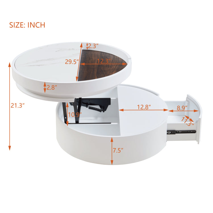 White Round Lift Coffee Table With 1 Drawer In 29.5", Marble Veneer And Wood Grain Tabletop