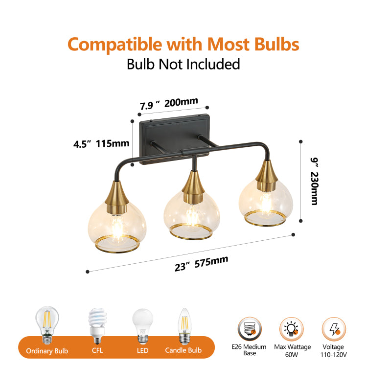 23" Modern 3 Light Vanity Wall Sconce Black And Gold Bathroom Light Fixture With Clear Glass Shades, Industrial Wall Mounted Lamp For Mirror, Vanity, And Living Spaces Bulb Not Included
