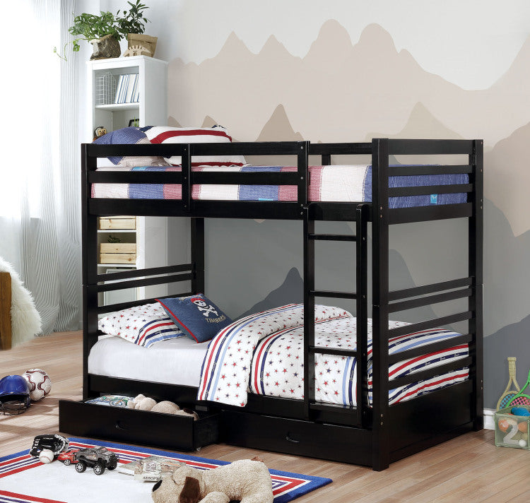 Classic Design Twin Over Twin Bunk Bed Transitional Style With Two Drawers Attached Ladder Black