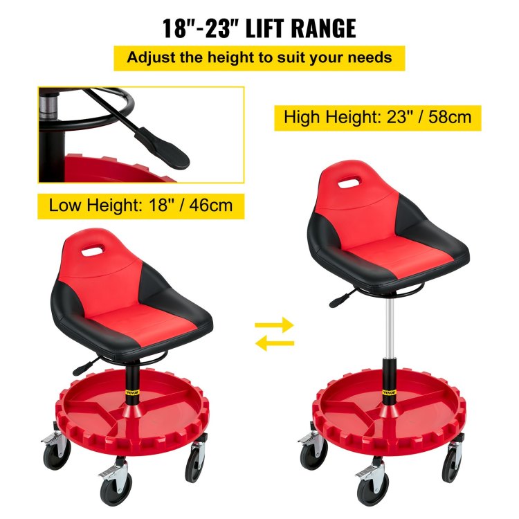 Rolling Gear Seat, 300Lbs Capacity, 18" 23" Height Adjustable, Mobile Mechanic Garage Stool With Tool Tray And 5" Casters, Pneumatic Stool For Workshop, Garage, Auto Repair Shop
