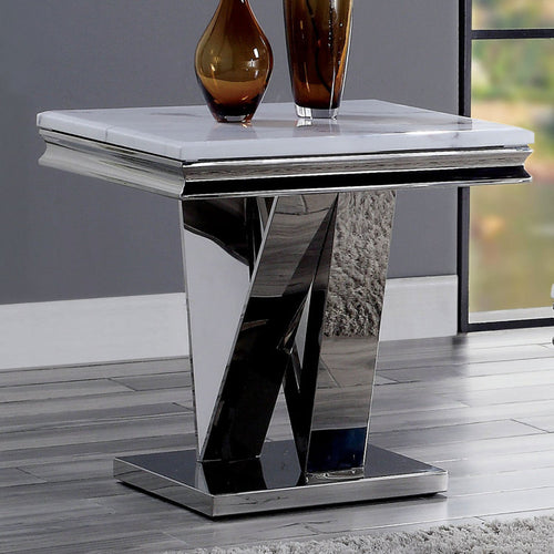 1Pc End Table Modern Glam Style 18Mm Faux Marble On Top Rectangular V Shape Pedestal Base Stainless Steel Metal Structure Chroma Finish Coffee Table Not Included