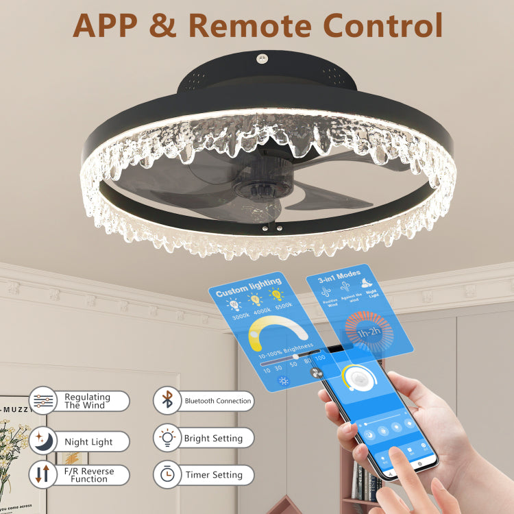Smart Silent Elegant Black With Light 16 Inch Flush Mount Led Chandelier With 5 Invisible Blades, Remote Control & Timer, Dimmable Lighting For Bedroom, Living Room, Dining Room