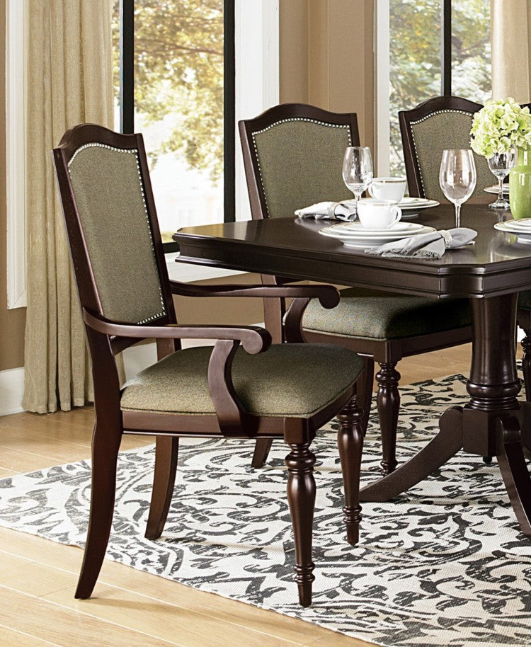 Dark Cherry Finish Armchairs Set Of 2 Upholstered Seat And Back Nailhead Trim Wooden Furniture Armrest Chairs Set