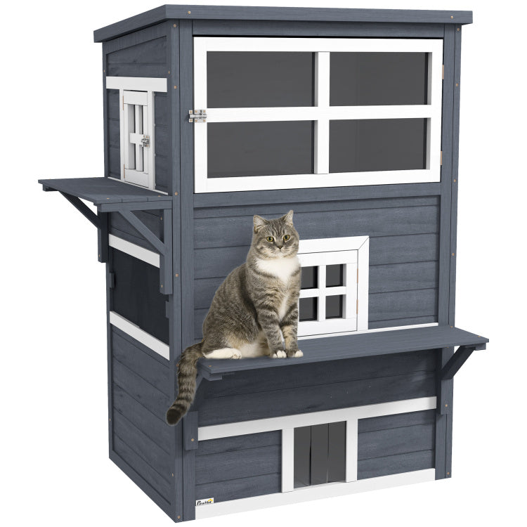 Pawhut 3 Story Cat House Feral Cat Shelter, Outdoor Kitten Condo With Raised Floor, Asphalt Roof, Escape Doors, Jumping Platforms, Dark Gray