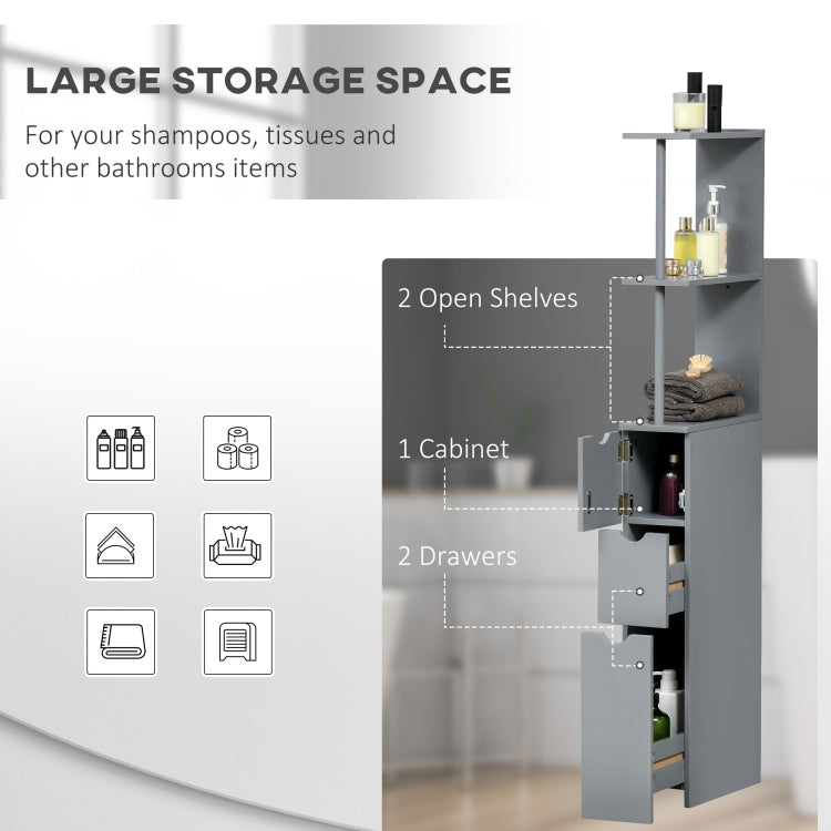 Homcom 54" Tall Bathroom Storage Cabinet, Freestanding Linen Tower With 2 Tier Shelf And Drawers, Narrow Side Floor Organizer, Grey