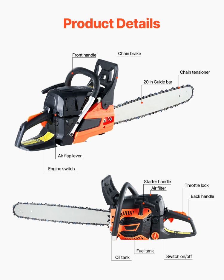 58Cc 20" Gasoline Chainsaw Gas Powered Wood Cutting Engine Gas Chain Saw