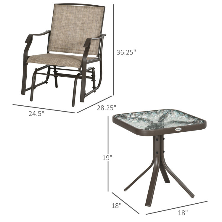 Outsunny 3 Piece Outdoor Glider Chair With Coffee Table Bistro Set, 2 Patio Rocking Swing Chairs With Sling Fabric, Glass Tabletop, For Backyard, Garden And Porch, Mixed Brown