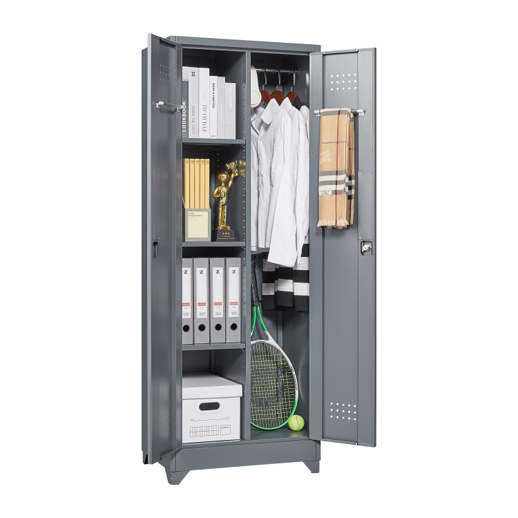 Broom Storage Cabinet With Locking Doors And Shelves, 65" H Metal Storage Cabinet With Hanging Rod & S Hooks, Cleaning Tool Storage Cabinet Grey