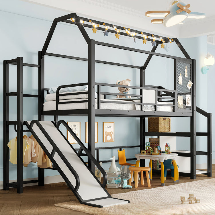 Twin House Loft Bed With Slide And Stairs, Metal Playhouse Bed With Storage Shelves, House Shaped Roof And Noise Free Design, Black