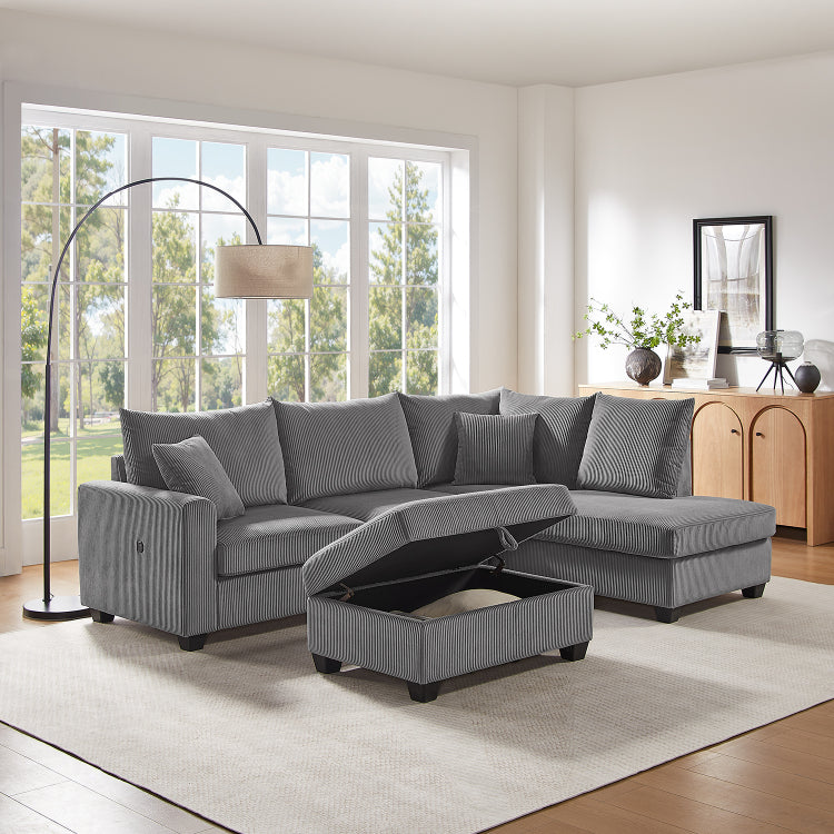 Rowan 107"W Dark Gray Corduroy Fabric Sectional Sofa With Right Facing Chaise, Usb & Usb C Charging Port, Storage Ottoman, And Pillows