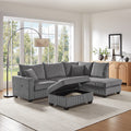 Rowan 107"W Dark Gray Corduroy Fabric Sectional Sofa With Right Facing Chaise, Usb & Usb C Charging Port, Storage Ottoman, And Pillows
