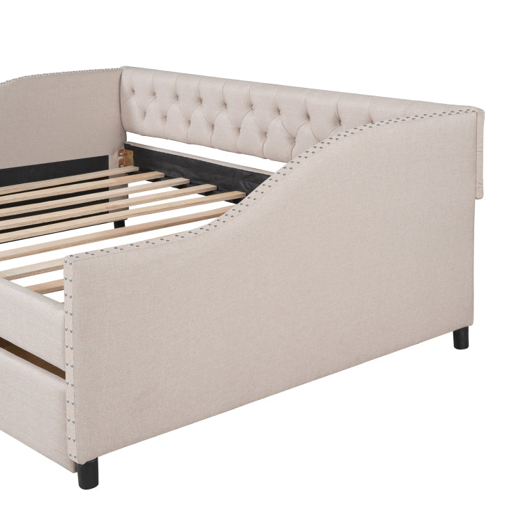 Upholstered Daybed With Two Drawers, Wood Slat Support, Beige, Full Size Old Sku :Lp001111Aaa