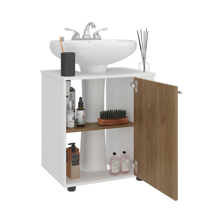 As Crz Under Sink Storage Cabinet For Pedestal Sink, Compact Bathroom Organizer With Side Compartment, White And Natural Oak