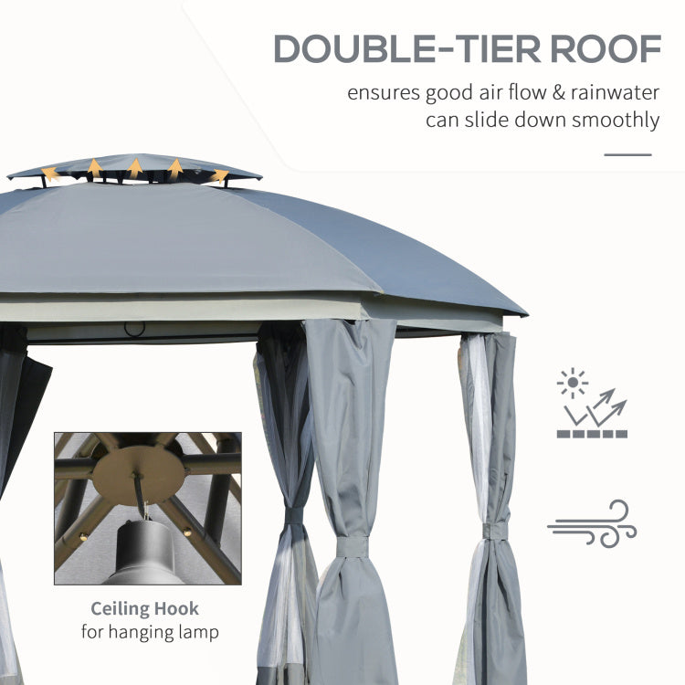 Outsunny 12' X 12' Round Outdoor Gazebo, Patio Dome Gazebo Canopy Shelter With Double Roof, Netting Sidewalls And Curtains, Zippered Doors, Strong Steel Frame, Grey