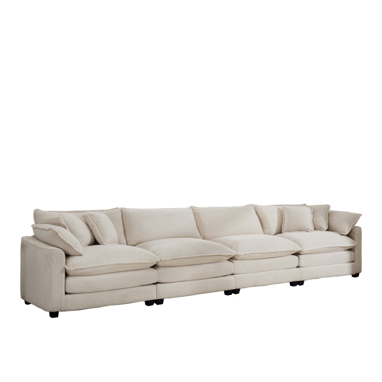 Modern Upholstered 4 Seater Fabric Sofa With Comfortable Back Cushions, Seat Cushions And Pillows, Light Beige Corduroy Sofa