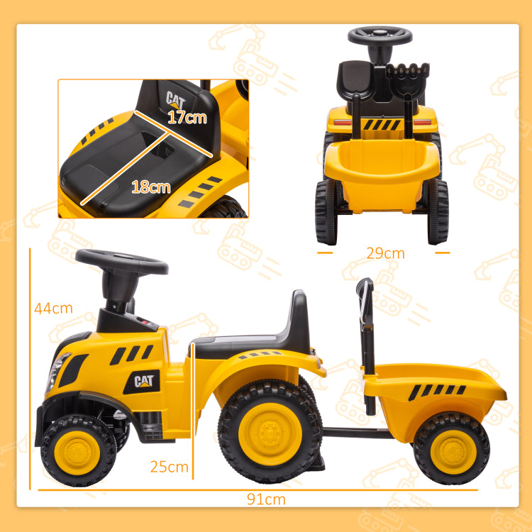 Qaba 2 In 1 Ride On Tractor For Kids, Caterpillar Licensed Ride On Excavator With Shovel & Detachable Trailer, No Power Ride On Push Car For 18 36 Months, Yellow