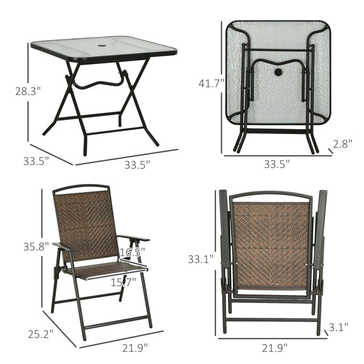 Outsunny 5 Pieces Wicker Patio Dining Set, Foldable Outdoor Table And Chairs, Wicker Furniture Dining Set With Umbrella Hole, Tempered Glass Table, Dark Brown