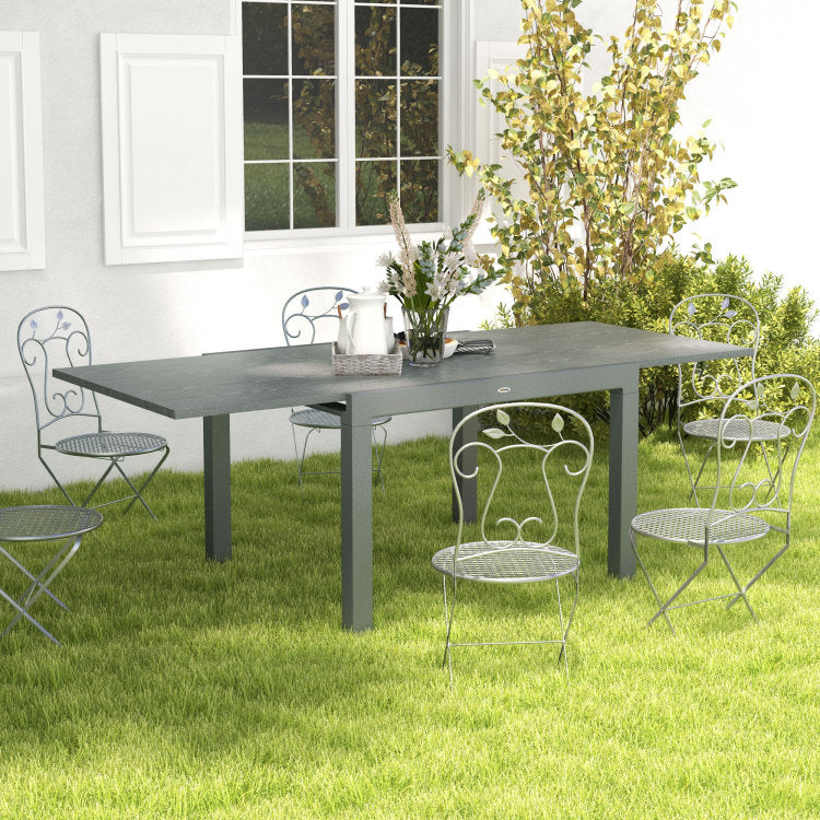 Outsunny Extendable Outdoor Dining Table, 41" 83" Aluminum Frame Patio Table With Wood Effect Steel Top, Rectangle Expandable Patio Table For 6 8, Dark Gray