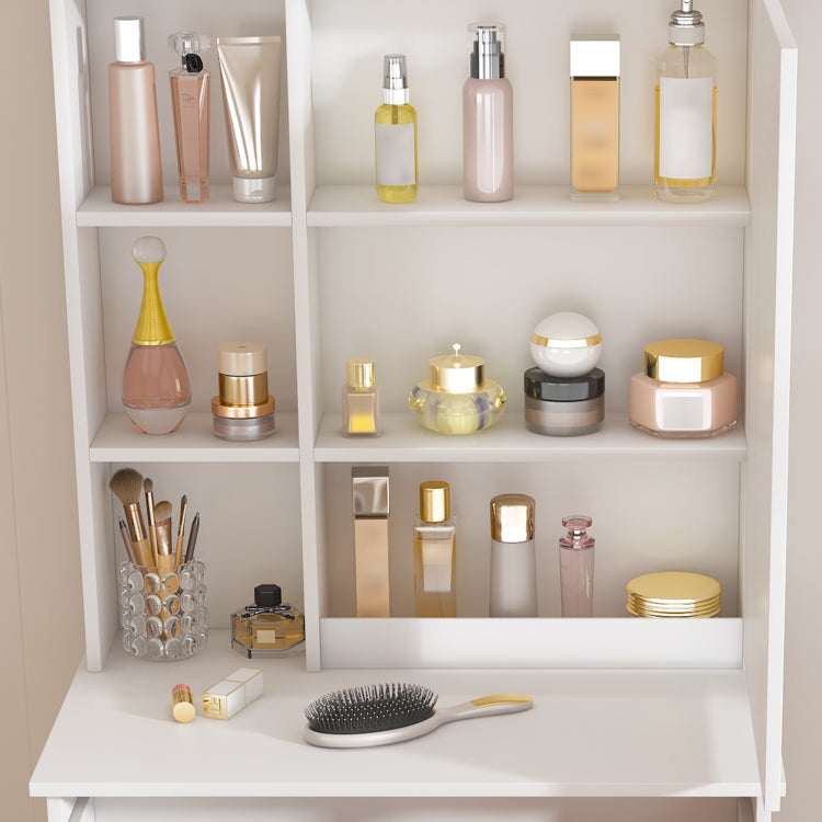 Modern Mini Dressing Table With Led Lit Mirror & Hidden Storage,Includes Padded Stool,Adjustable Brightness Vanity Desk,Multi Tier Dust Proof Shelves,White
