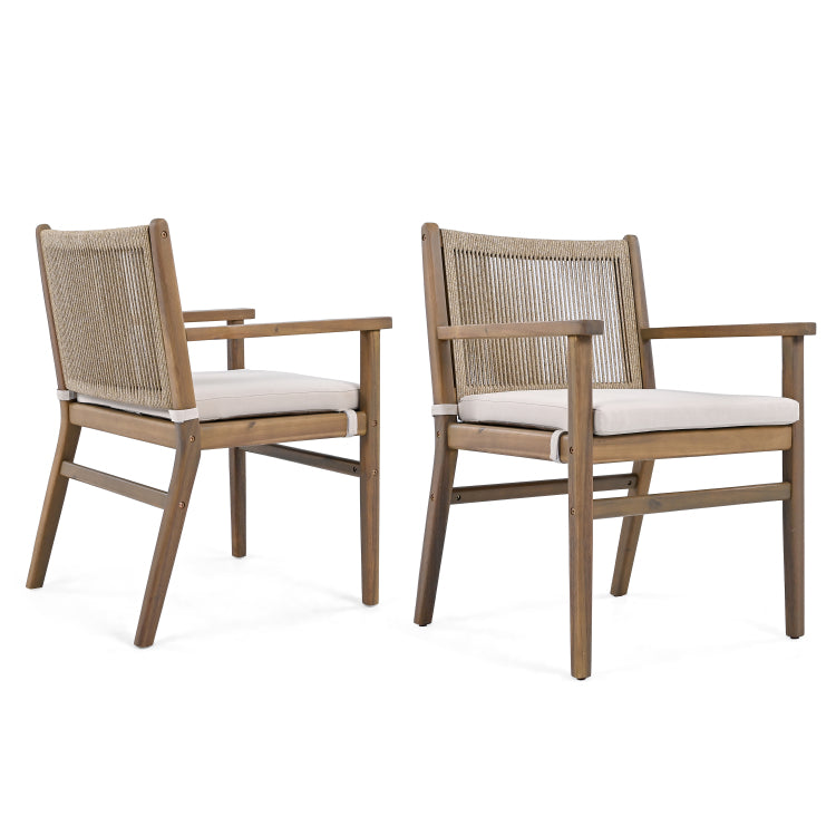 Outdoor Dining Chairs Set Of 2, Acacia Wood Patio Armchair With Rope Design Back And Water Repellent Cushion, Light Brown, 400Lbs Weight Capacity