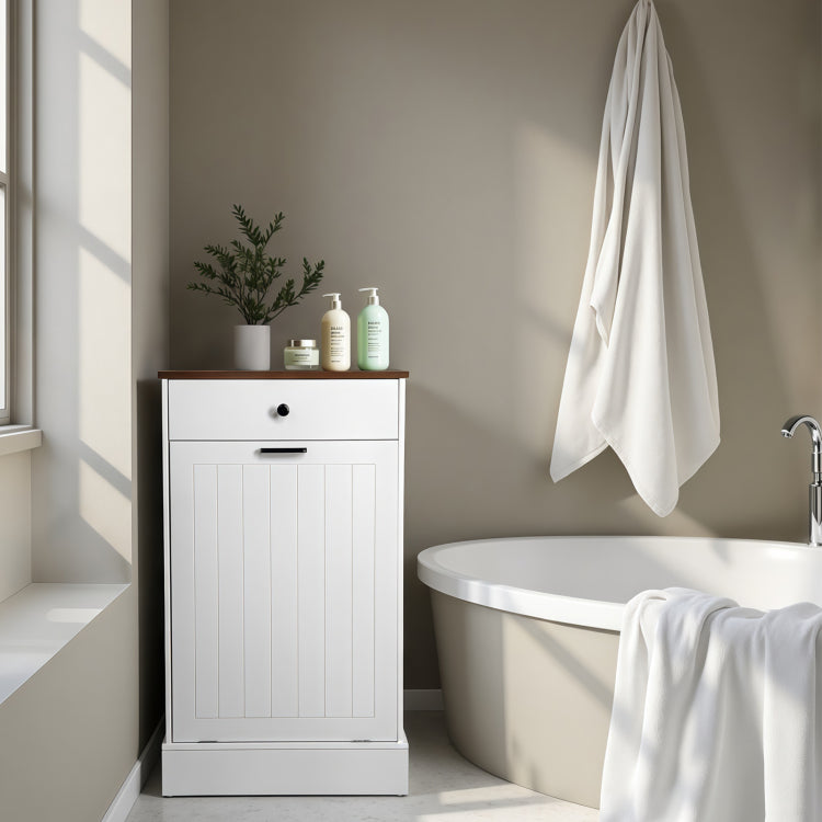 Tilt Out Trash Can Cabinet, Hidden Wooden Trash Can Cabinet With Drawer, Free Standing Garbage Cabinet For Kitchen, 10 Gallon Farmhouse Laundry Hamper Cabinet For Kitchen, Living Room White