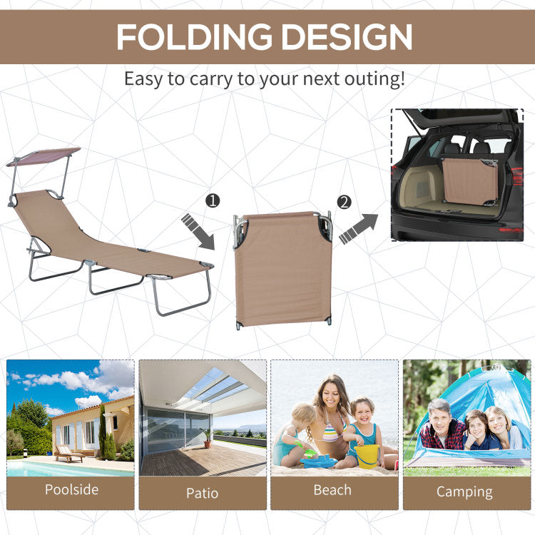 Outsunny Outdoor Lounge Chair, Adjustable Folding Chaise Lounge, Tanning Chair With Sun Shade For Beach, Camping, Hiking, Backyard, Tan