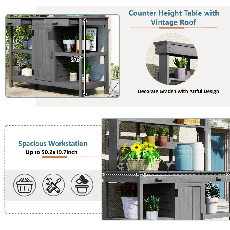 66'' Large Outdoor Farmhouse Wooden Potting Bench Table, Garden Workstation With 2 Drawers,Cabinet And Open Shelves For Backyard, Mudroom, Gray