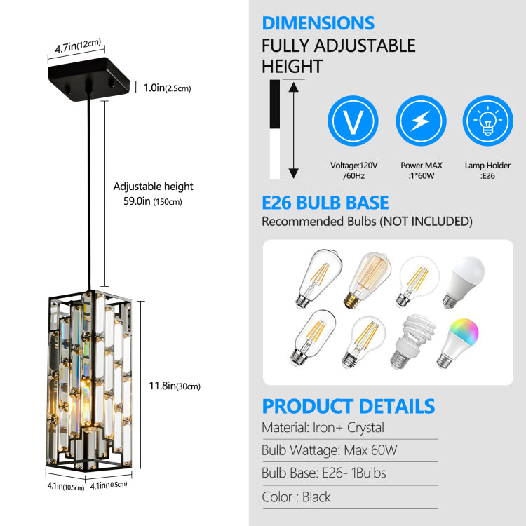 4" Modern Crystal Pendant Light 3 Pack, Adjustable Hanging Ceiling Lamp With Crystal Prism Design For Dining Room, Kitchen Island, And Living Room Black Finish