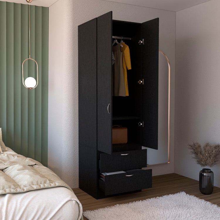 Armoire Wardrove 76" H, Hanging Rod, 2 Drawers, 1 Shelf, Black