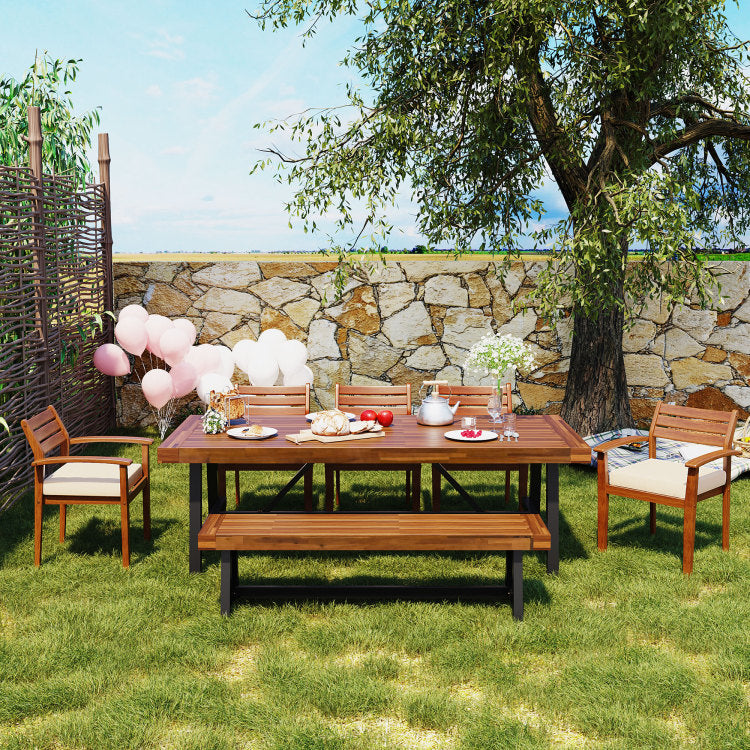 Outdoor Wood Dining Set For 7 8 Person, Outdoor Dining Furniture With Removable Cushions, Ernomic Chairs And Bench, Thicker Table, Nature