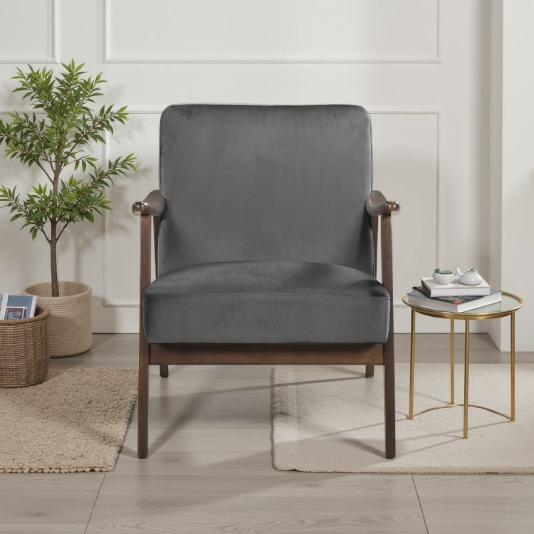 Vandie Accent Club Chair, Light Brown Velvet, Solid Rubberwood Frame