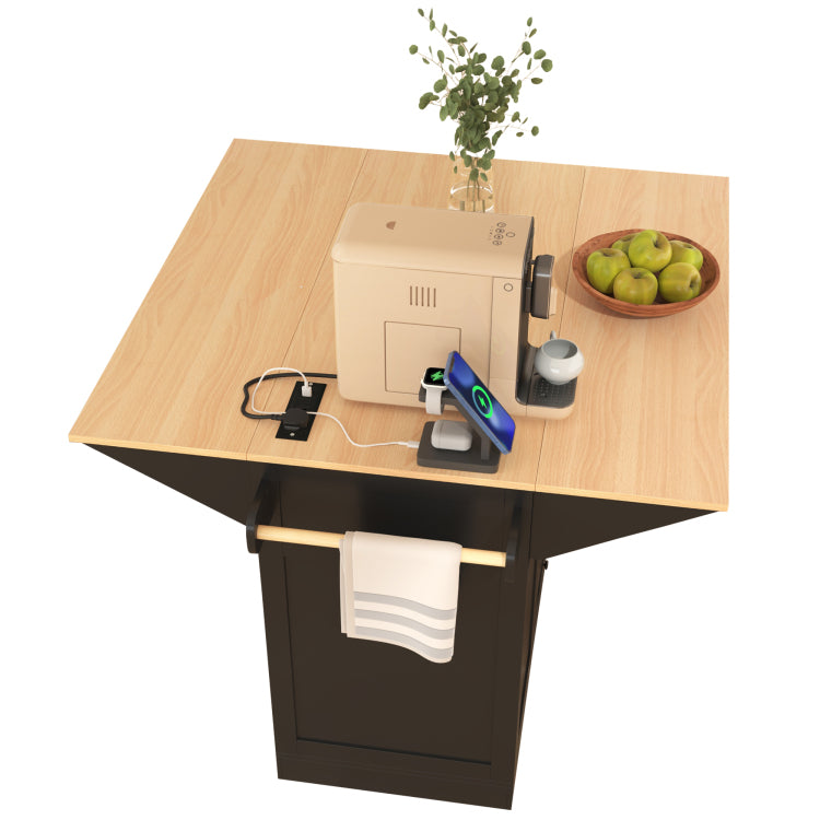 K&K 55.7'' Large Kitchen Island With 2 Drop Leaf, Rolling Kitchen Cart On 5 Wheels With Power Outlet, Folding Storage Dining Table With Spice & Towel Rack , 3 Drawers, For Kitchen, Dining Room,Black