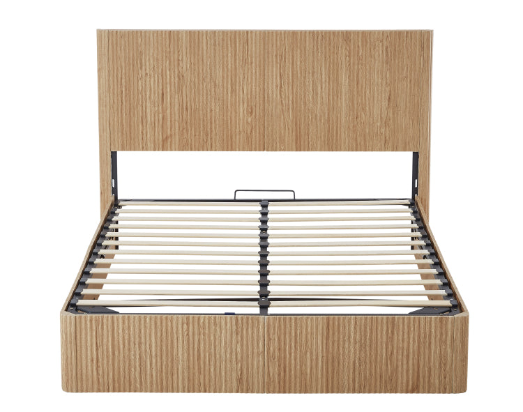 Queen Size Lift Up Storage Bed Frame, Wooden Corrugated Curved Lines, Hydraulic Storage No Box Spring Needed, Oak