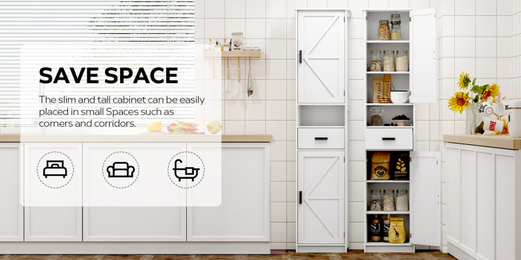 69" H Tall Bathroom Storage Cabinet With 2 Barn Doors And 1 Drawer, Narrow Storage Unit, Adjustable Shelves,Floor Cabinet For Bathroom, Living Room, Entryway,Kitchen, White