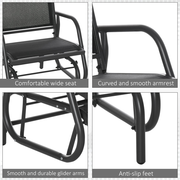 Outsunny Porch Glider, Metal Frame Swing Glider Chair With Mesh Fabric, Curved Armrests And Steel Frame For Garden, Poolside, Backyard, Balcony, Black