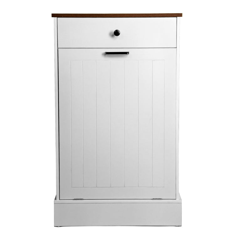 Tilt Out Trash Can Cabinet, Hidden Wooden Trash Can Cabinet With Drawer, Free Standing Garbage Cabinet For Kitchen, 10 Gallon Farmhouse Laundry Hamper Cabinet For Kitchen, Living Room White