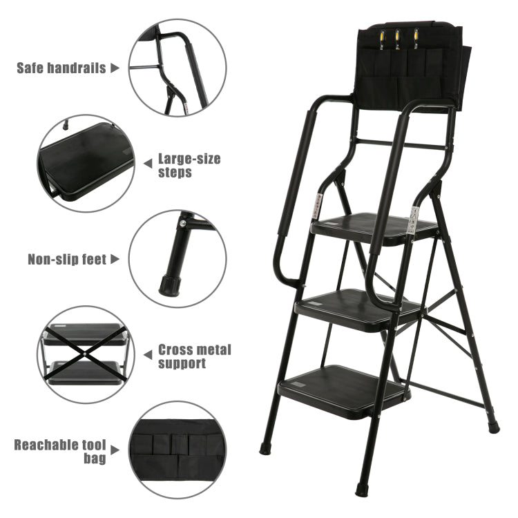 3 Step Ladder With Handrails 500 Lb Capacity Step Stool Folding Ladders For Home Kitchen Steel Frame With Safety Side Handrails Non Slip Wide Pedal Stepladder With Attachable Tool Bag Black
