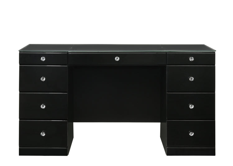 1Pc Glam Makeup Vanity Table Glass Top 9 Drawers Knobs Black Wooden Bedroom Furniture
