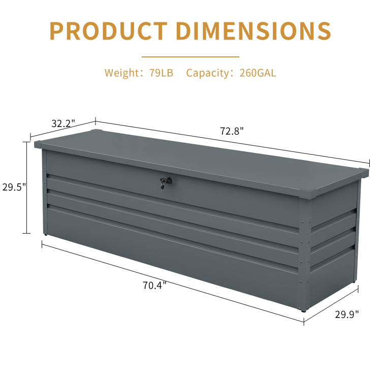 260 Gallon Metal Outdoor Deck Box Waterproof, Extra Large Patio Storage Box With Lockable Storage Containers For Patio Furniture Cushions, Pool Accessories, Garden Tools Dark Gray