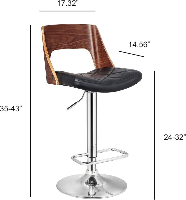 Bentwood Contemporary Modern Stylish Wood Back Adjustable Swivel Bar Stool With Diamond Quilted Finish Curved Seat And Back
