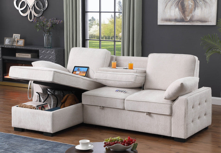 Marcello 91"W Beige Chenille Fabric Reversible Sleeper Sectional With Storage Chaise, Drop Down Table, Cup Holders And Charging Ports