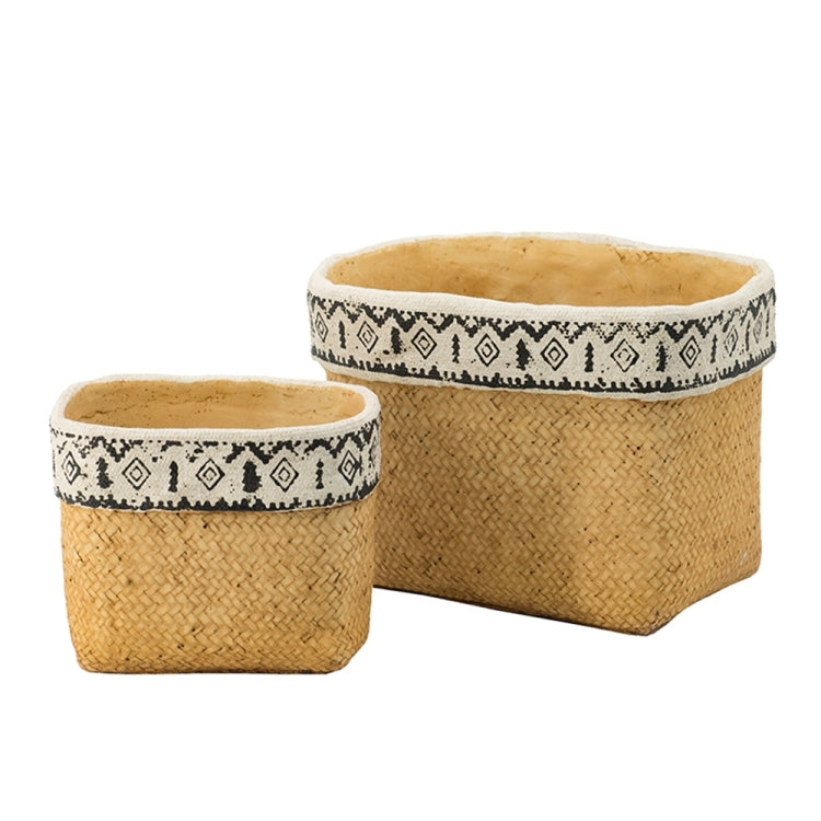 Set Of 2 Rectangular Basket Planters With Geometric Trim, L:10.5X8.5X8" S:7.5X5.5X6.5"