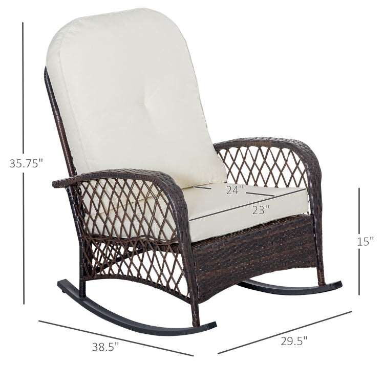 Outsunny Outdoor Wicker Rocking Chair With Wide Seat, Thick, Soft Cushion, Rattan Rocker W Steel Frame, High Weight Capacity For Patio, Garden, Backyard, Cream White