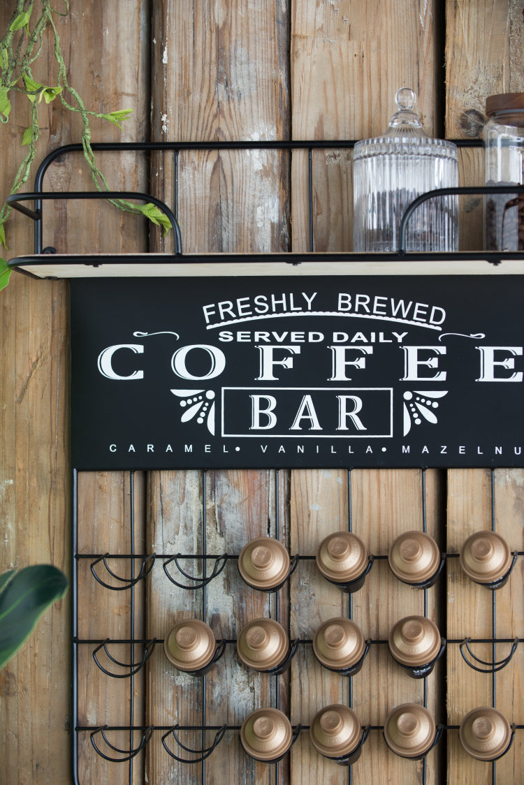 22.8X5.5X28.7" Black Floating Coffee Bar Shelf With Coffee Pod Holder, Hooks And Storage Shelf