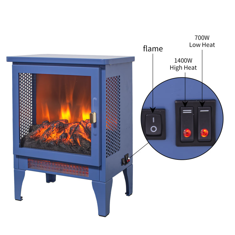 18 Inch Freestanding Electric Fireplace Stove Heater With 3D Flame Effect,Classic Blue