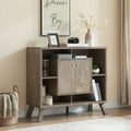 Compact Display Storage Sideboard Bookcase Cabinet Two Door Four Open Shelves Metal Knobs Wooden Flared Legs